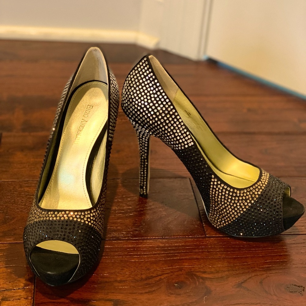 Enzo Angiolini Rhinestone Gold, Black and Diamond Peep Toe Pump